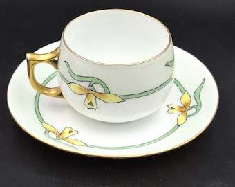 Antique MZ Austria Tea Cup & Saucer: 1890s Gold Painted Bone China