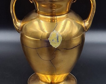 Vintage Vetropack Amphora schweizisk vas: Blått glas med guld emalj, Saint-Prex, Schweiz 1930-talet Sällsynt
