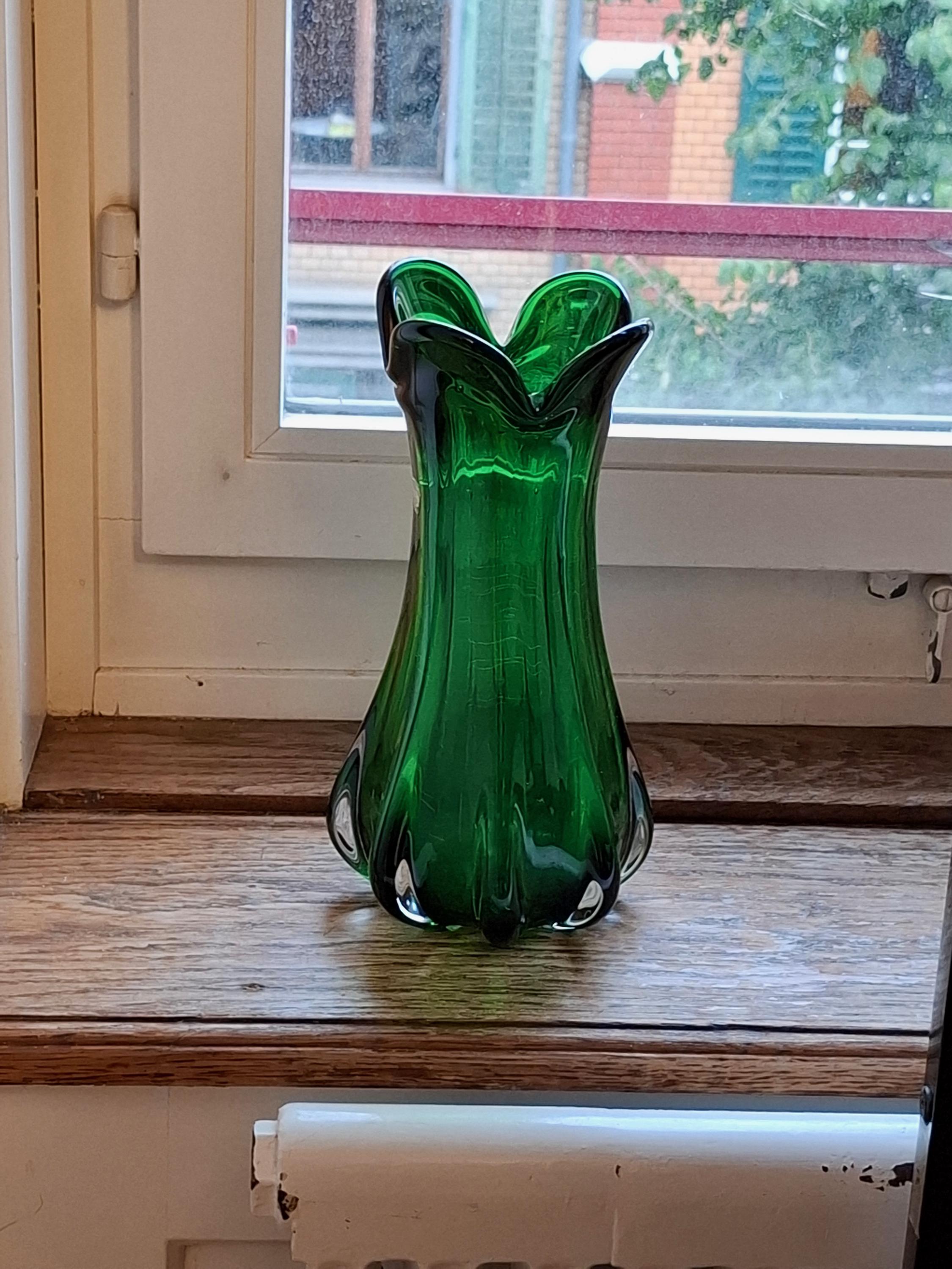 ヴィンテージ ムラーノガラス グリーン花瓶 イタリア 1960年代 吹き
