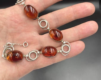 Vintage Amber Silver Bracelet stone Bernstein Germany 1960s Art Déco 18.5cm 7 1/3"
