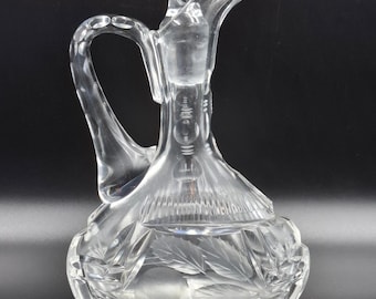 Art Deco Crystal Handle Carafe lead Crystal Cut, Germany 1930s Engraved fruits, For olive oil, vinegar, sauce, cognac, vodka H 18cm