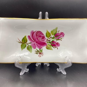 Vintage Limoges France Trinket Dish Sandwich, Bread, Pastry Platter or Vanity Tray Wavy design Decorated with Rose Hand painted gold border