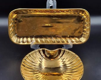 Vintage Porcelain soap holder SHELL GOLD PLATED Austria 2000s Porcelain Soap Dish Bathroom Decor, Bath Accessory real gold