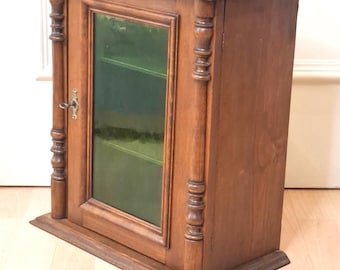 Rare Antique Apothecary Wall Cabinet - Green Glass Showcase, Turned Columns, Working Key & Adjustable Shelves (c. 1900)