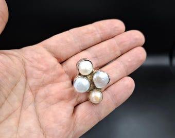 Vintage 925 Sterling Silver Designer Ring with 4 piec Mother of Pearl 12g 1980s Ø18mm Art deco