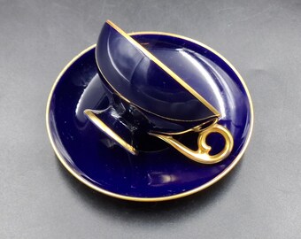 Vintage Graf von Henneberg Echt Kobalt Blue &Gold Footed Teacup Saucer Set | Made in Germany 1980s Porcelain Collectible Gift