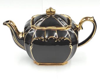 Vintage Sadler svart och guld tekanna, 22k guld förgylld filigran, tillverkad i England, 1940-tals art déco-stil