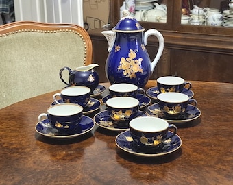 Vintage 1949 Cobalt Langenthal Set for 7 persons Coffee Cup Saucer Fine Porcelain, rich Golden painting in floral bouquets, Switzerland