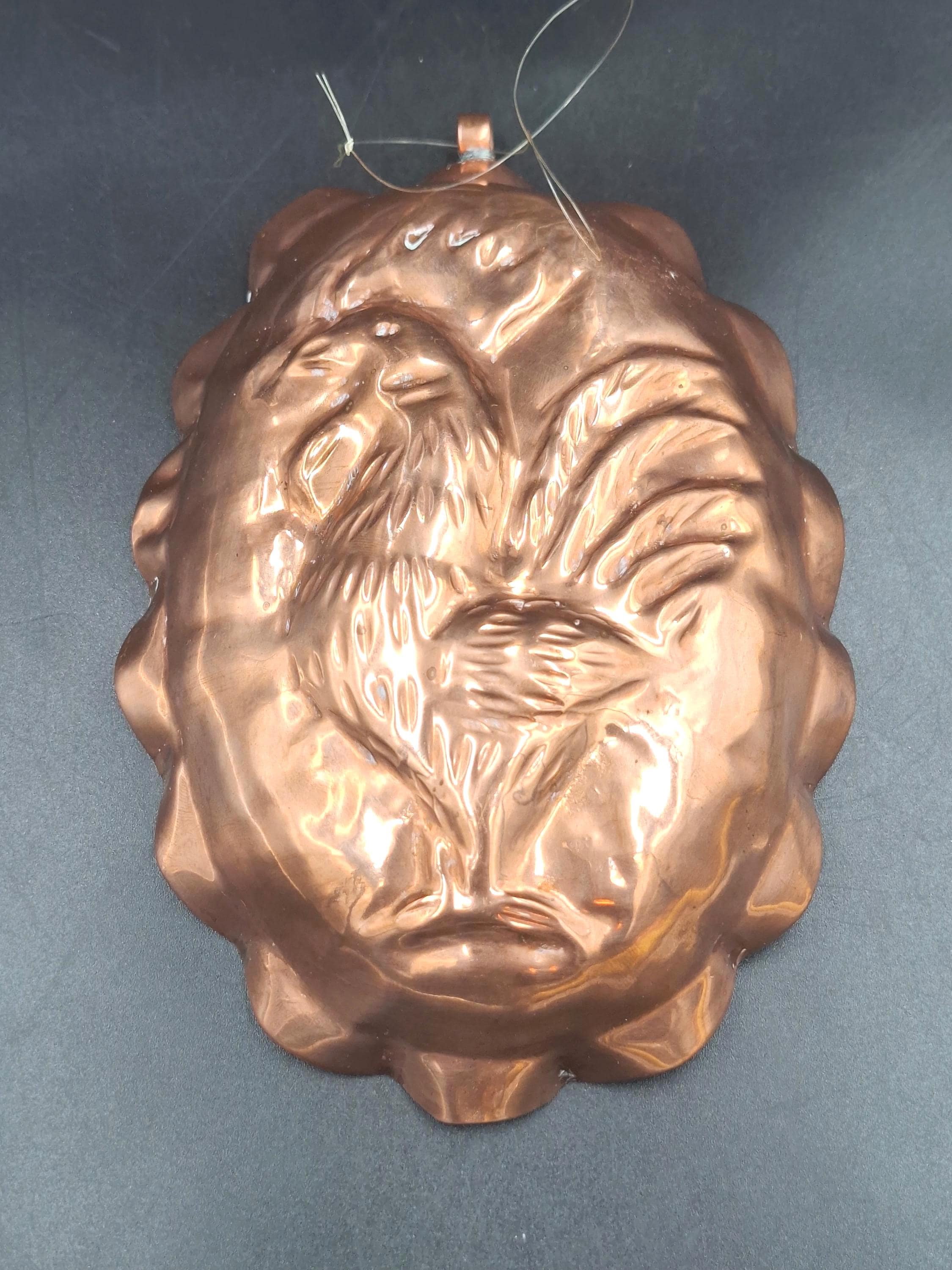 19th Century French Copper Rooster Mold, Antique Fluted Jelly Tin