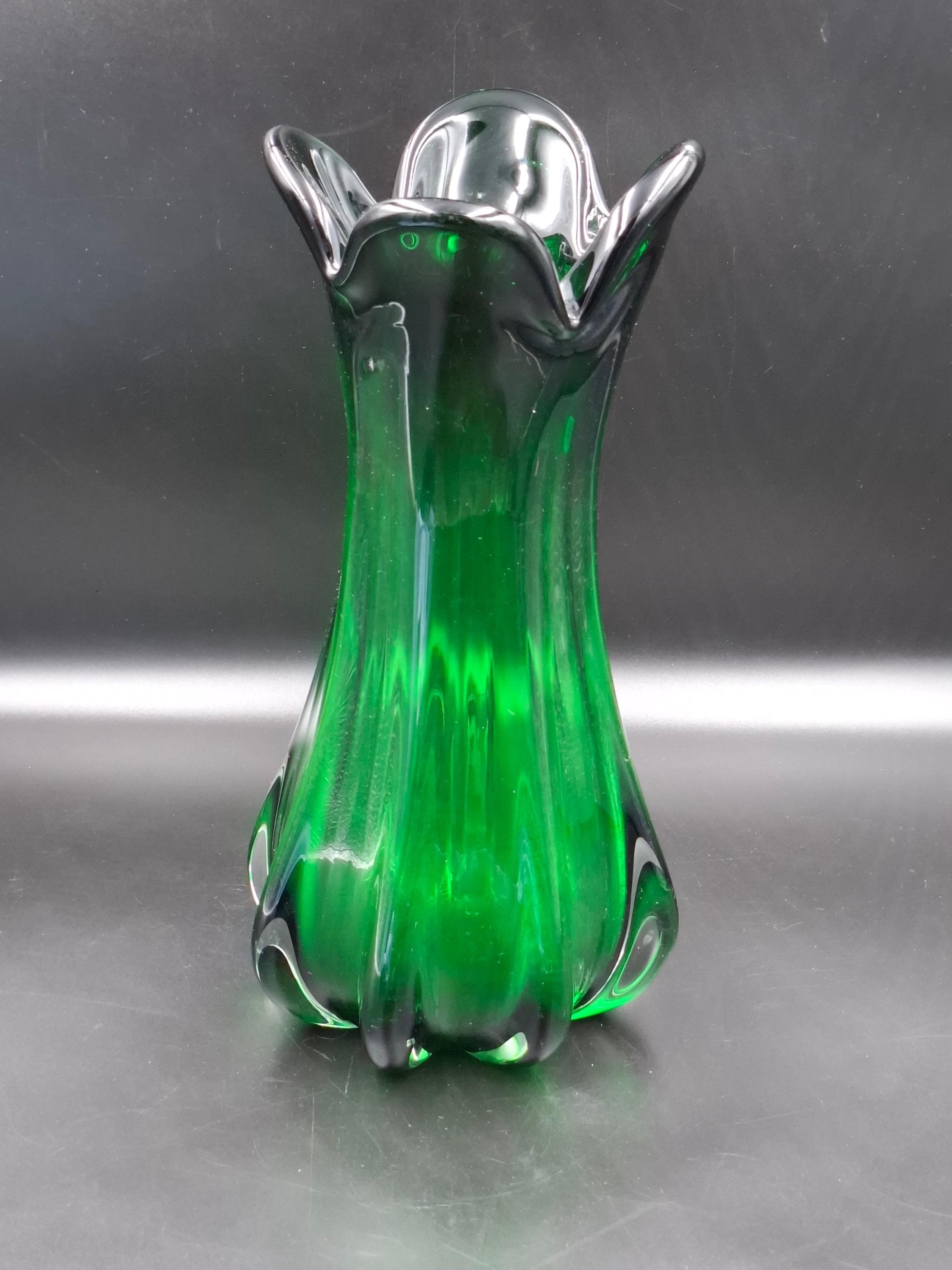 ヴィンテージ ムラーノガラス グリーン花瓶 イタリア 1960年代 吹き