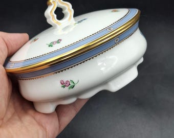 Vintage Augarten Vienna Porcelain Covered Jar Hand Painted Floral Gold Accent Trinket Box Austria