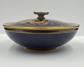 Vintage Heinrich &Co porcelain Selb Bavaria Anmut Design Echt Kobalt Germany 1960s Jewelry Box dragons Pattern Casket Trinket Box Rare