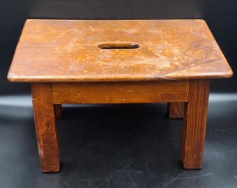 Antique Primitive Dark Wood Footstool - Chunky Rustic Low Stool - Wabi-Sabi Farmhouse