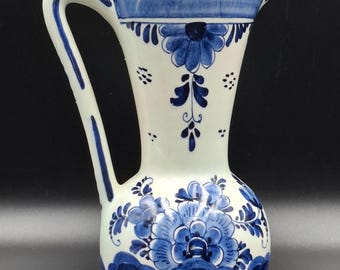 Vintage Delfts Blauw Handmålad Kanna - Holland Pottery Blue Keramik Vas med handtag 1980-talet