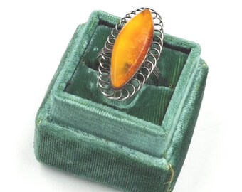 Vintage Amber Silver 875 Ring Baltic Amber USSR size 19cm 1970s three stamps Kaliningrad jewelry factory