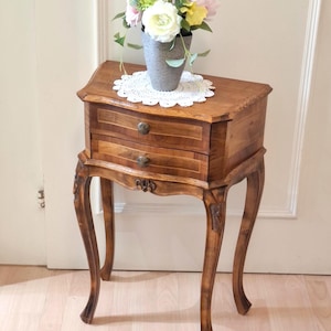 Vintage Italian Marquetry Side Table - Louis XV Style Walnut Nightstand - Petite Inlaid Entryway Commode Small Chest with Drawers