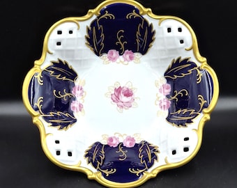 Vintage Reichenbach Fine China Footed Fruit Bowl Echt Cobalt Blue Gold Gilt GDR Germany