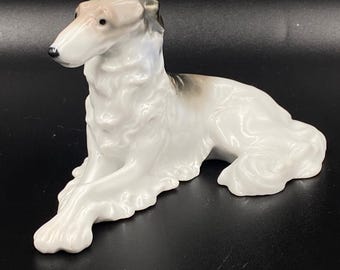 Vintage Porzellanfigur Germany, Metzler & Ortloff 1920s  lying Borzaya dog Excellent glossy porcelain