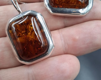 Vintage Amber Solid Silver 925 Earrings Large Baltic Amber Germany 22g 1960s