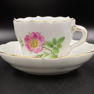 Vintage Tea Coffee Сup Saucer porcelain Meissen Germany 1950s decorated Pink Rose Elegant Demitasse Cup