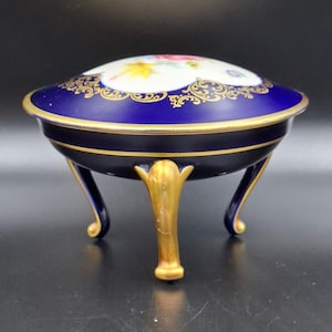 Vintage Casket Trinket Box Blue Porсellan Lindner Cobalt Hand-Painted Gold 1950s Echt Cobalt Three-legged Germany Rose Pattern 8cm 3.15inch
