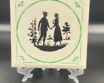 Antique Porcelain Hot Coaster Villeroy & Boch COUPLE IN LOVE Night Landscape Dresden Germany 1890s