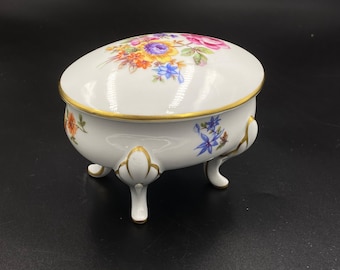 Vintage casket Trinket Box – Hand-Painted Gold & Floral Design 1940s Jlmenau On four legs Germany Pink Rose on Wite – Gold Accents