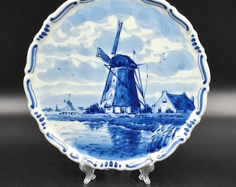 Original Delftblå Keramik Väggtallrik Ø 7" längd Väderkvarnar från Holland 1989 Internationell Faxkonferens Amsterdam Handmålad Ø 13 cm