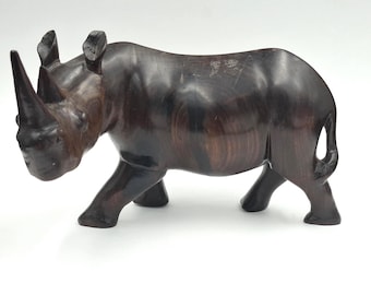 Sculpture Vintage Ebony Rhino Hand Carved Wood Statue Dark Wood art. South Africa. 1980s