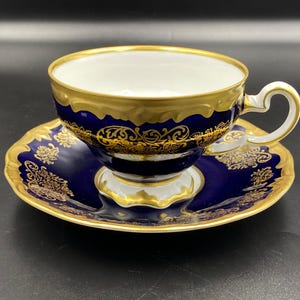 Vintage Tea Coffee Сup & Saucer Echt Weimar Cobalt - Kobaltblau Gold Katharina Demitasse Pattern German quality porcelain 1980s