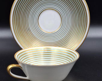 Vintage Tea Coffee Mokka Сup Saucer porcelain Weimar Germany Hans 1940s decorated striped green gold border and gold painting