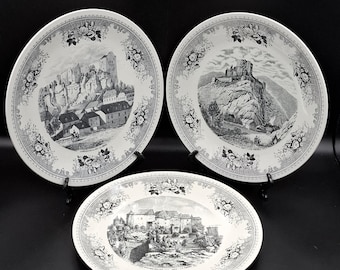 Vintage Set 3 Fondee Plates Villeroy &Boch Grand Duchy of Luxembourg in old engravings 19th century Luxembourg 1960s Ø 26.5cm; 10" Exellent