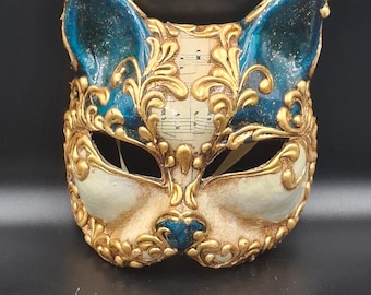 Handmade Venetian Cat Mask - Vintage Baroque Gatto Half Mask with Sheet Music & Gold Leaf - Dark Academia Italian Masquerade Decor