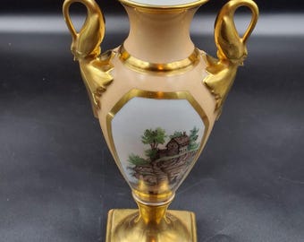 Vintage Alboth & Kaiser Amphora Swan Handle Vase Germany 1960s Pink and multi-gold H 24 cm stand 7.5 x 7.5 cm. Rural landscape Rare