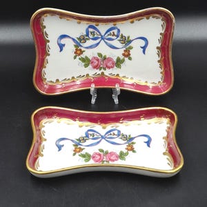 French Porcelain Two Jewelry Bowls rectangular small plates, a dish for rings, rosettes Pillivuyt Hand-painted and gilded. France 1960s