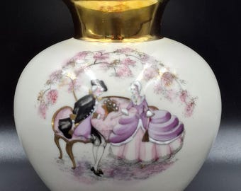 Vintage Rococo style Vase Kronach Bavaria OCA Sanssouci porcelain Germany 1950s Hand painted Lady and Gentleman Rar