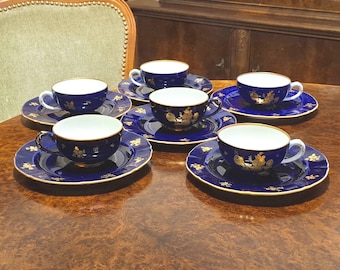 Vintage Cobalt Set 6 piec Tea Cup Saucer Porcelain Langenthal Switzerland 1949 Golden painting