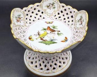 Herend Rothschild Bird Pierced Pedestal Bowl - 150th Anniversary Mark (1976) - Mint Luxury Gift