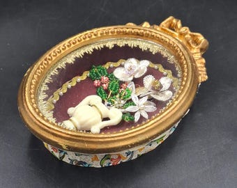 Antique Italian Florentine Shadow Box Convex Glass Gold Gilt Bow Frame Handmade Beaded Flowers Vintage Wall Decor Cabinet of Curiosities Art