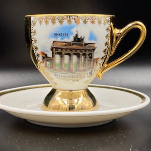 Vintage Tea Coffee Сup Saucer Berlin Brandenburg Gate porcelain Krauthheim Germany 1960s decorated gold painting