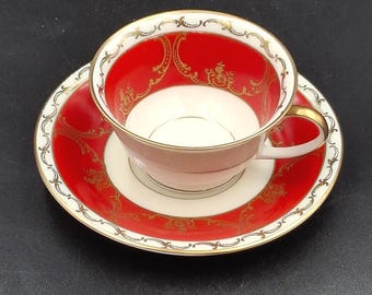 Antique Pair Rosenthal Coffee Tea Сups Saucers Kronach Germany Dorit 1910s Red gold pattern