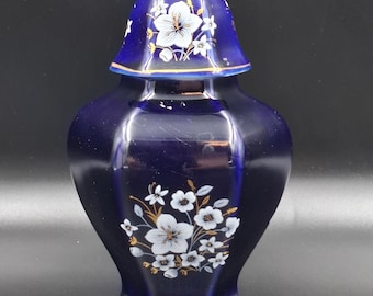 Vintage Porсellan mini Vase Hollohaza Hand Painted Gold Hungary 1970s Echt Cobalt H 14 cm 5 1/2" flower vase