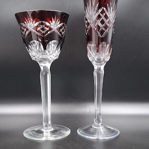 Pair Vintage Fine Crystal Ruby Goblets Wine Champagne Glasses NACHTMANN Germany 1960s Made by hand