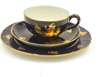 Vintage Cobalt Trio Tea Coffee pair Cup Saucer Porcelain Langenthal Switzerland 1949 Golden painting