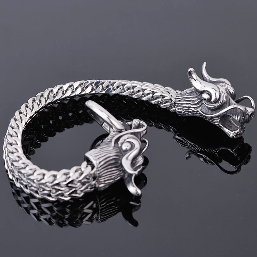 Men's Stainless Steel Double Dragon Cuff Bracelet - Smooth Gold Plated, Adjustable