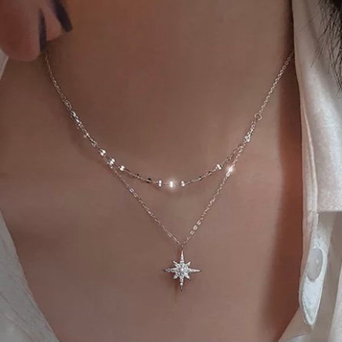 Silver Star Choker Double Layered Pendant Necklace Etsy