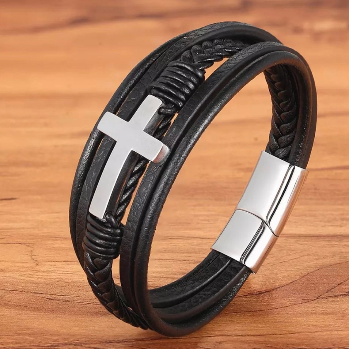 Black Leather With Cross Design Charm Bracelet Cuff Wristband - Etsy UK