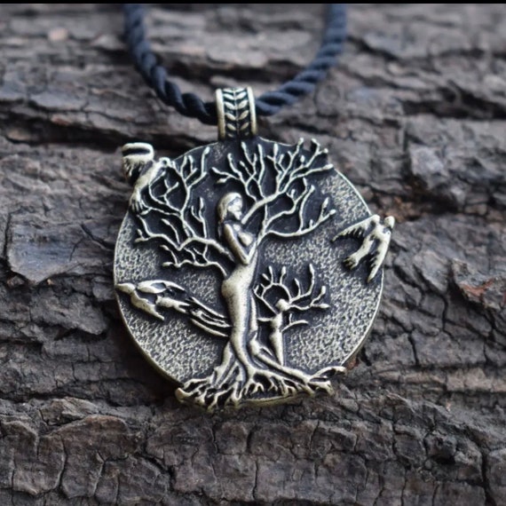 Tree of Life Goddess Bronze Pendant Black Rope Necklace