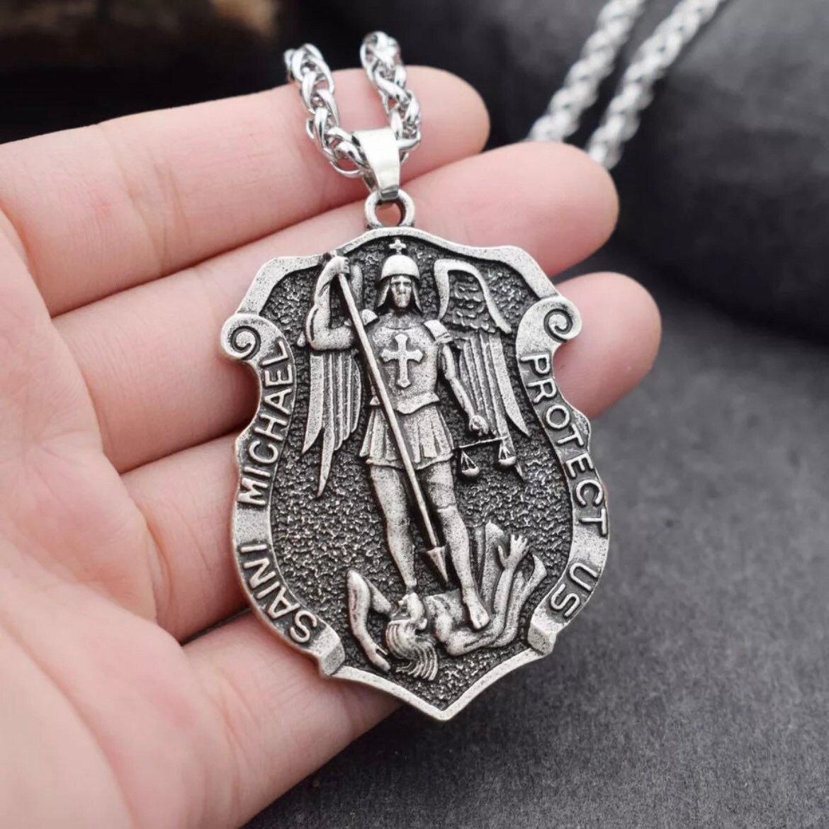 Friggem 925 Sterling Silver Archangel Saint Michael Saint Christopher St Benedict Cross Pendant Religious Medal Amulet Protection Jewellery for Men Women, Sterling Silver, Cubic Zirconia