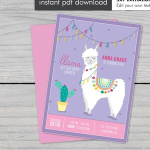 Llama Party Invitation for girls birthday or baby shower invitation with matching llama thank you card - Instant Download with Editable Text